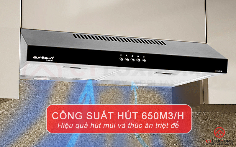 Công suất hút tối đa đến 650m3/h hút sạch mùi thức ăn, tạo không khí sạch sẽ