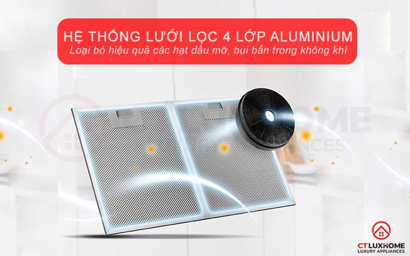 Hệ thống lưới lọc 4 lớp Aluminium giúp giảm tiếng ồn và thanh lọc mùi hiệu quả