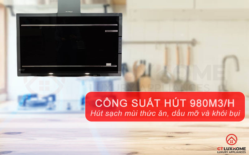 Công suất hút mạnh mẽ 980 m3/h, loại bỏ hiệu quả mùi thức ăn, dầu mỡ và khói bụi