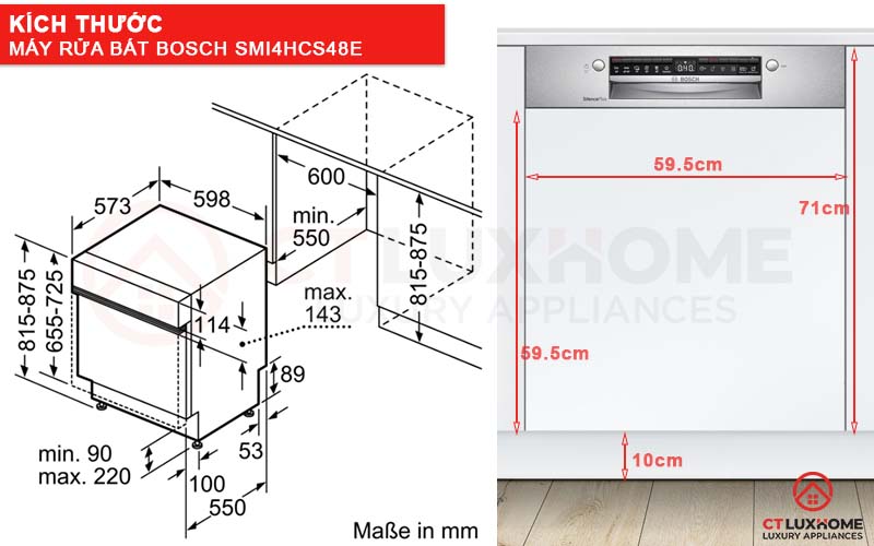 Kích thước máy rửa bát Bosch bán âm SMI4HCS48E và tấm ốp gỗ 
