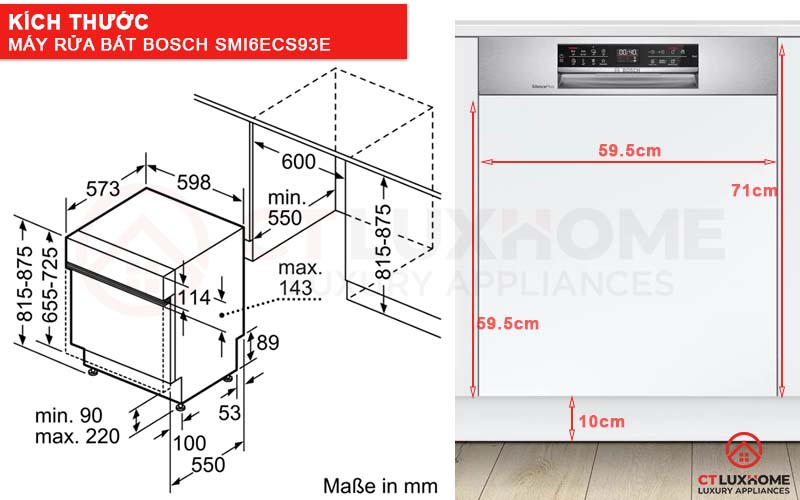 Kích thước máy rửa bát Bosch bán âm SMI6ECS93E và tấm ốp gỗ 