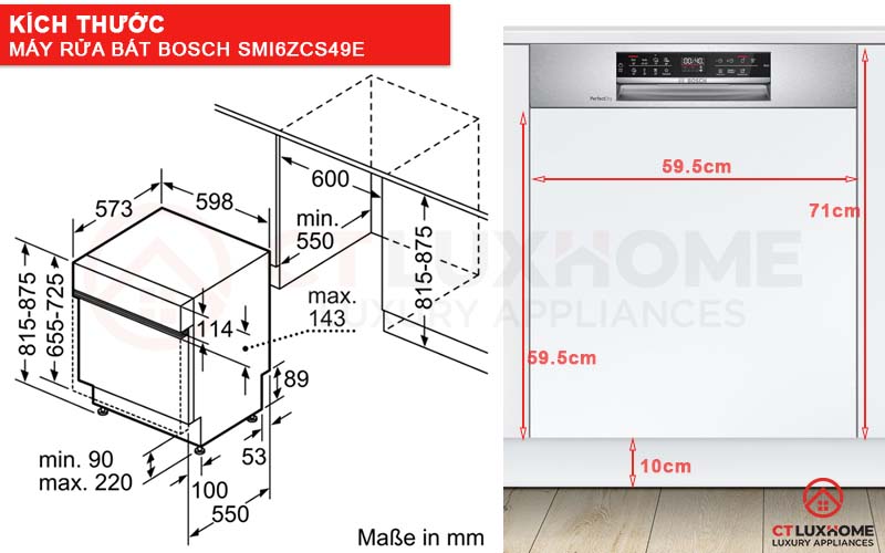 Kích thước máy rửa bát Bosch bán âm SMI6ZCS49E và tấm ốp gỗ 