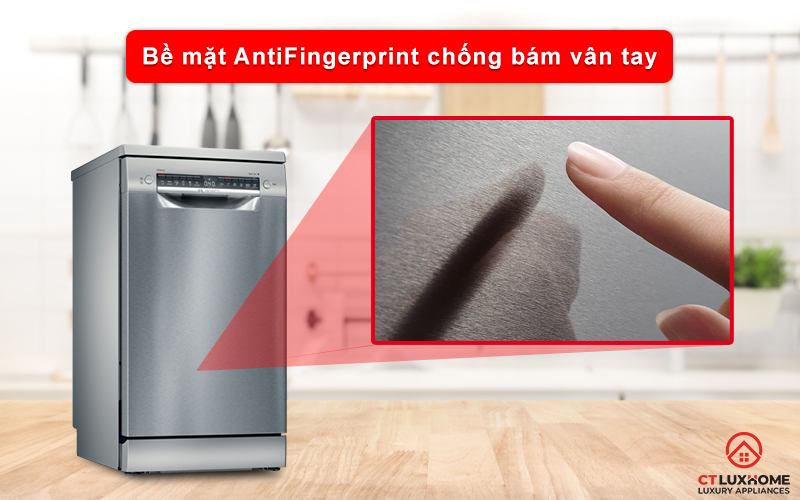 Lớp chất liệu AntiFingerprint chống bám vân tay trên máy rửa bát Bosch SPS4EMI60E.