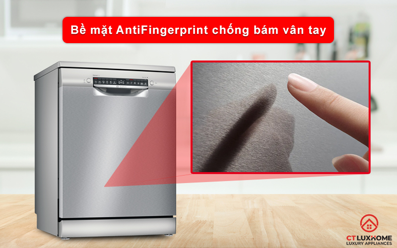 Lớp bề mặt AntiFingerprint giúp chống bám vân tay trên máy rửa chén Bosch SMS4EVI14E.