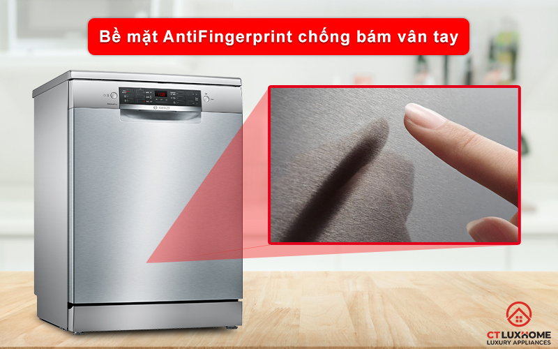 Bề mặt máy rửa bát Bosch SMS46GI01P được phủ một lớp AntiFingerprint chống bám vân tay.