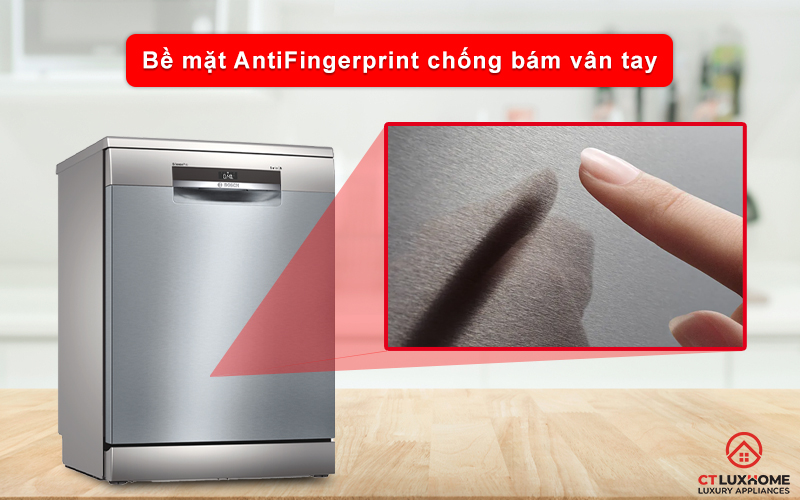 Lớp chất liệu AntiFingerprint hạn chế bám vân tay lên máy rửa chén Bosch SMS6ECI07E.