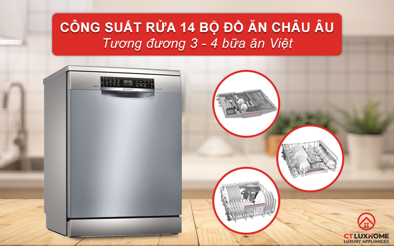 Công suất rửa của máy rửa bát Bosch SMS6ZCI42E có thể đạt tối đa 14 bộ.