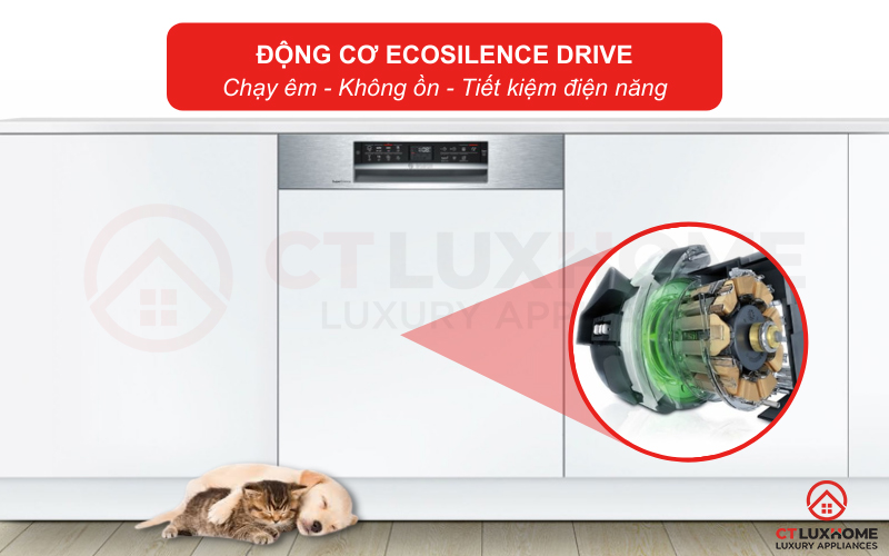 Động cơ EcoSilence Drive giúp Máy rửa bát Bosch SMI6ECS57E serie 6 vận hành mạnh mẽ và êm ái