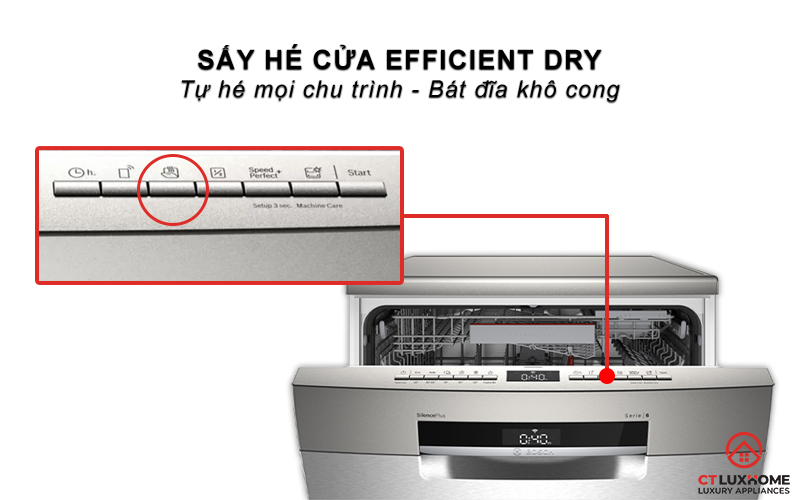 Sấy hé cửa mọi chương trình khi lựa chọn tính năng Efficient Dry trên máy rửa chén SMS6EDI06E.