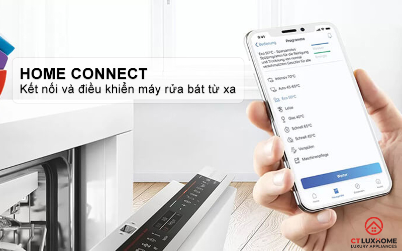 Tính năng Home Connect giúp người dùng kết nối và điều khiển máy rửa bát SMS4EVI14E từ xa.