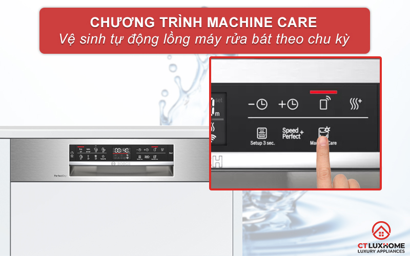 Kích hoạt Machine Care để vệ sinh máy rửa bát tự động.