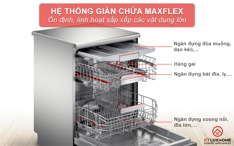 Hệ thống giàn rửa MaxFlex rộng rãi, linh hoạt, dễ dàng sắp xếp các vật dụng.