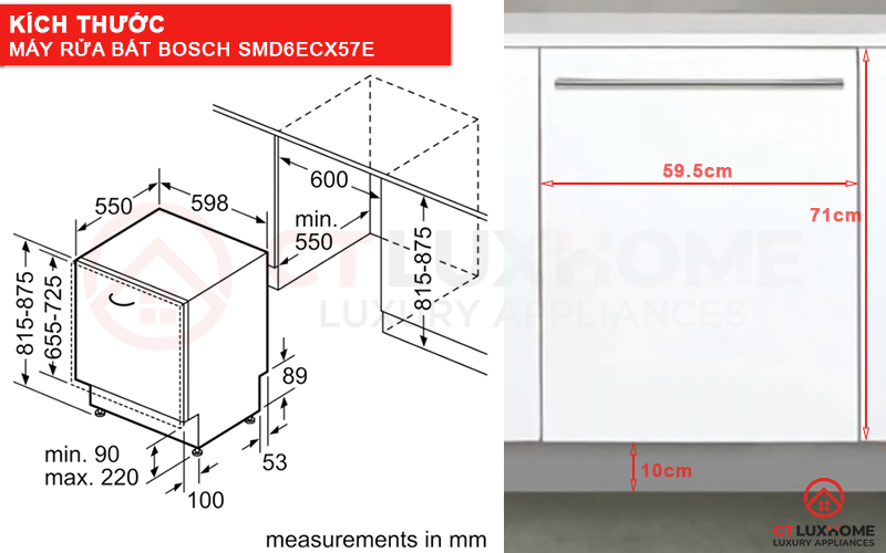 Kích thước máy rửa bát Bosch SMD6ECX57E serie 6 và tấm ốp gỗ.