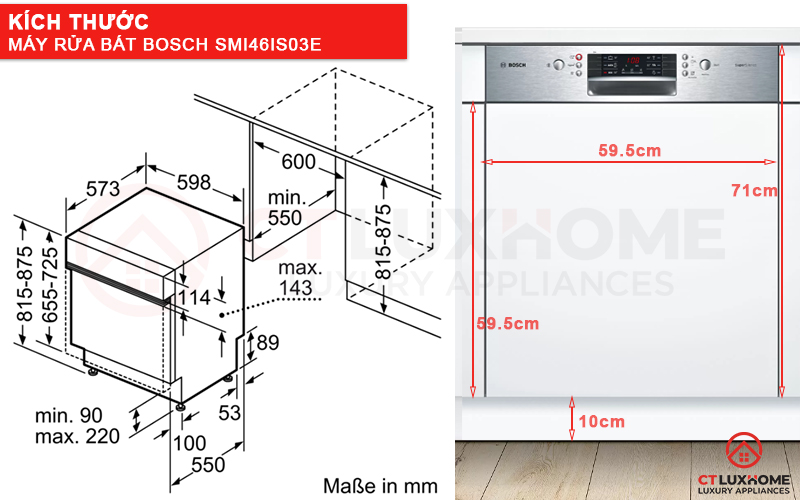 Kích thước máy rửa bát bán âm Bosch serie 4 SMI46IS03E và tấm ốp gỗ