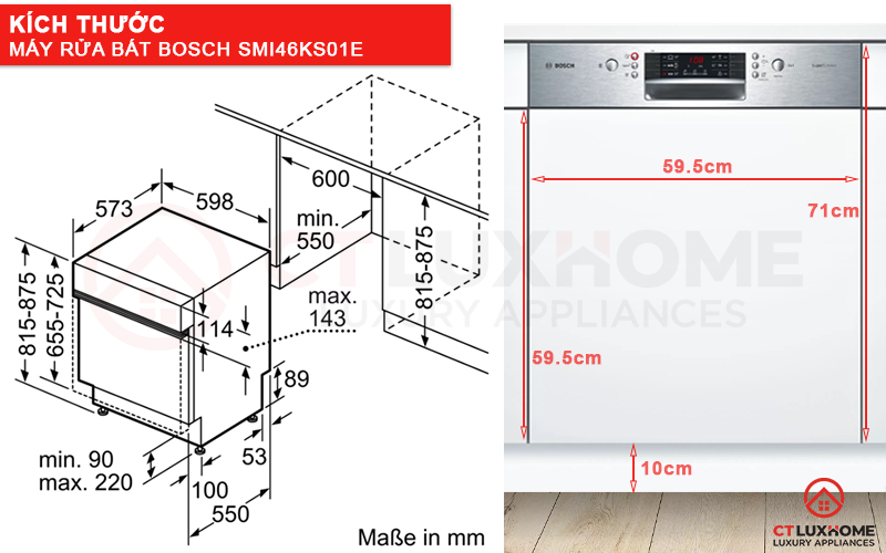 Kích thước máy rửa bát bán âm Bosch serie 4 SMI46KS01E và tấm ốp gỗ.