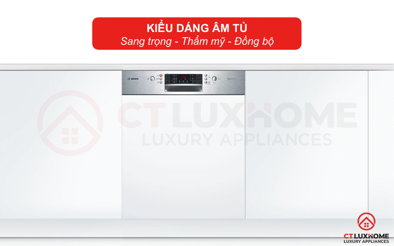 Kiểu dáng bán âm của máy rửa bát Bosch SMI46KS01E mang đến sự sang trọng, thẩm mỹ cho gian bếp 