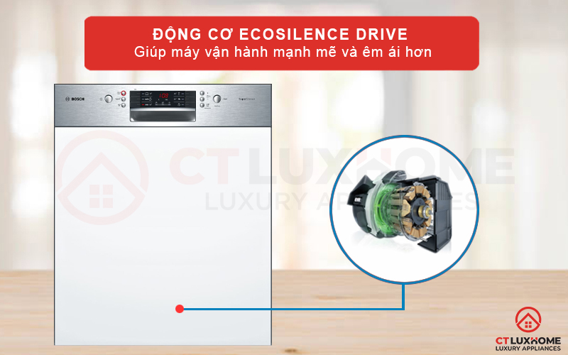 Động cơ EcoSilence hiện đại giúp máy rửa bát Bosch SMI46MS03E hoạt động nhịp nhàng