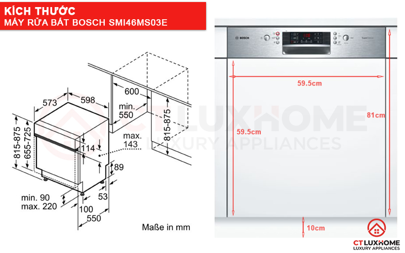 Kích thước của máy rửa bát Bosch SMI46MS03E serie 4 và tấm ốp gỗ.