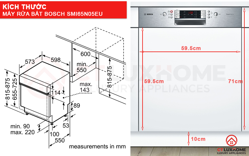 Kích thước máy rửa bát Bosch SMI65N05EU và tấm ốp gỗ