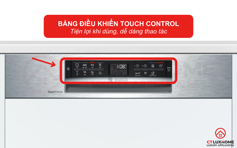 Bảng điều khiển Touch Control ở mặt trước cánh tủ của máy rửa bát Bosch SMI68NS07E