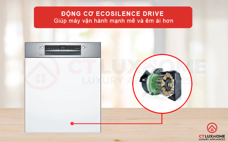 Động cơ tiên tiến EcoSilence Drive giúp máy rửa bát Bosch SMI6ZCS07E giảm tối đa độ ồn