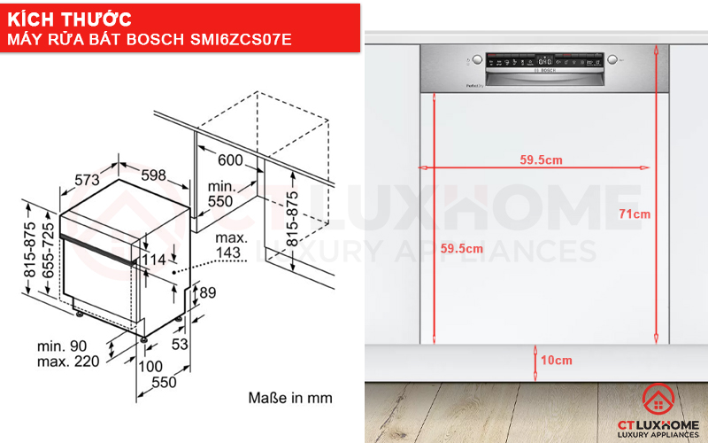 Kích thước máy rửa bát Bosch SMI6ZCS07E và tấm ốp gỗ.