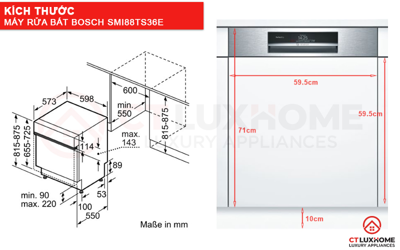 Kích thước máy rửa bát Bosch SMI88TS36E serie 8 dễ dàng vận chuyển và lắp đặt