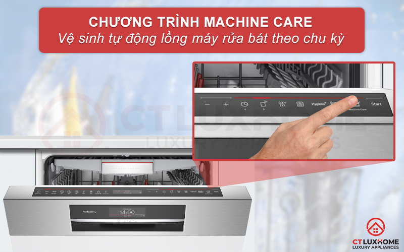 Tính năng Machine Care sẽ tự động vệ sinh máy rửa bát Bosch SMI8YCS01E.