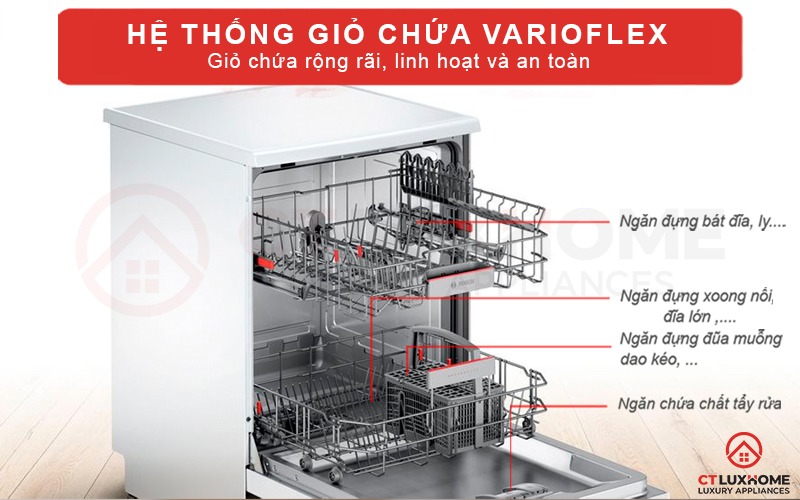 Hệ thống giàn chứa Vario chắc chắn và linh hoạt giúp ổn định bát đĩa trong quá trình rửa