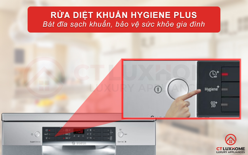 Chức năng Hygiene Plus trên máy rửa bát Bosch SMS46II04E Serie 4 mang lại hiệu quả diệt khuẩn tối đa