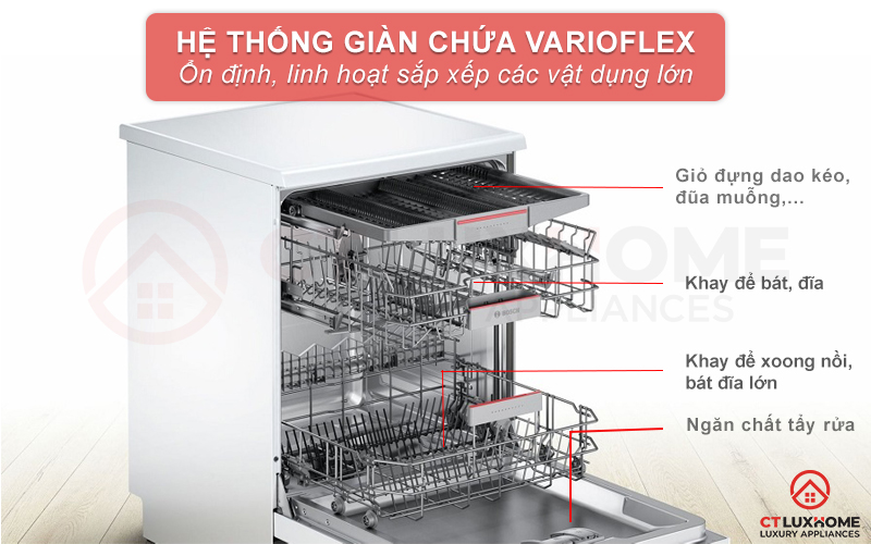 Hệ thống giỏ chứa VarioFlex rộng rãi, dễ dàng xếp xoong nồi, bát đĩa vào ngăn chứa