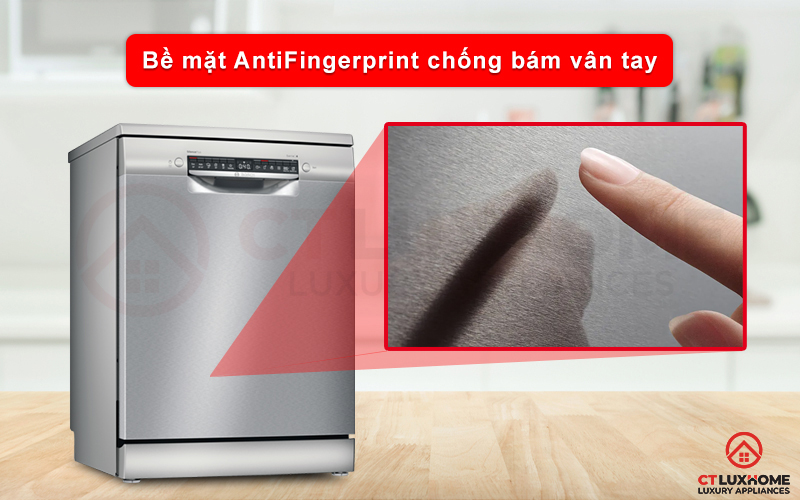Lớp bề mặt AntiFingerprint giúp chống bám vân tay trên máy rửa chén Bosch SMS4EVI14E.