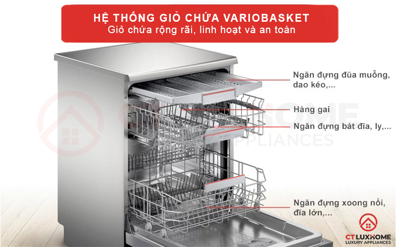 Hệ thống giỏ chứa Vario Basket đem đến dung tích chứa tối ưu cho máy rửa bát Bosch SMS4HCI48E