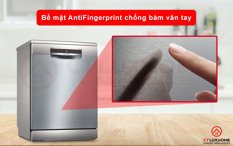 Lớp chất liệu AntiFingerprint hạn chế bám vân tay lên máy rửa chén Bosch SMS6ECI07E.