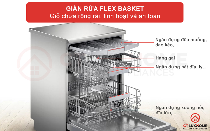 Hệ thống giàn rửa Flex Basket rộng rãi và ổn định, thuận tiện xếp bát đĩa vào máy.