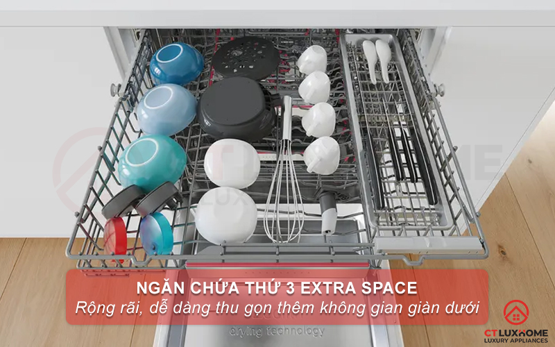 Giàn 3 ExtraSpace được thiết kế đặc biệt giúp cho người dùng có thể rửa được cả bát nhỏ