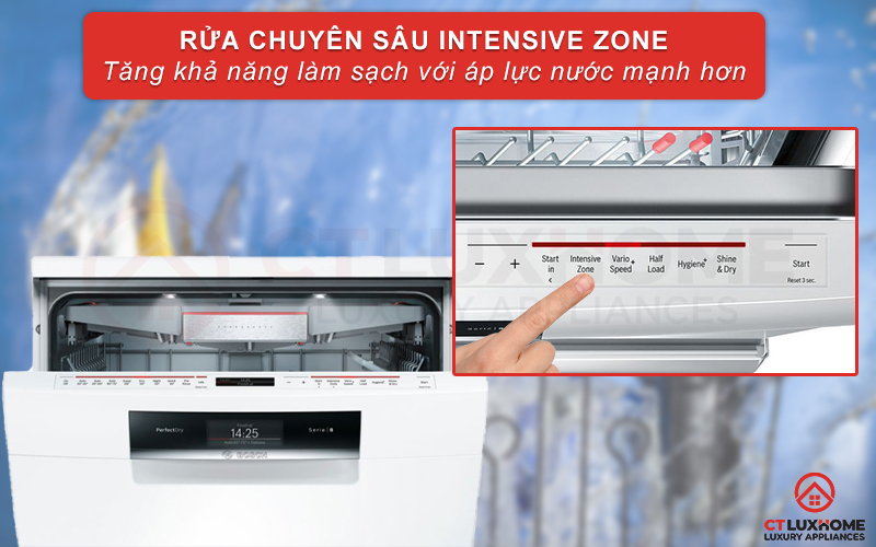 Tính năng Intensive Zone tăng áp lực rửa giàn dưới cùng của máy rửa bát Bosch SMS88TW02M.