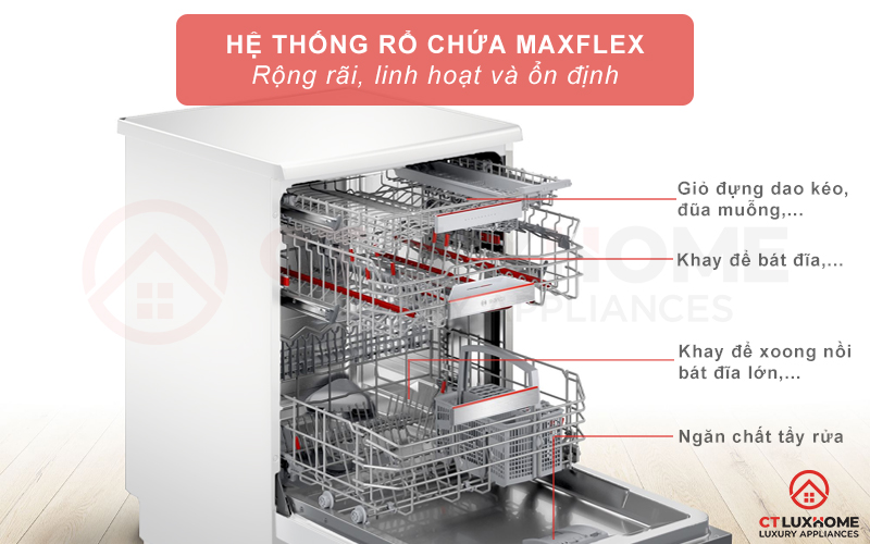 Hệ thống rổ MaxFlex 3 giàn rửa rộng rãi cùng giỏ chứa bát đĩa dưới cùng