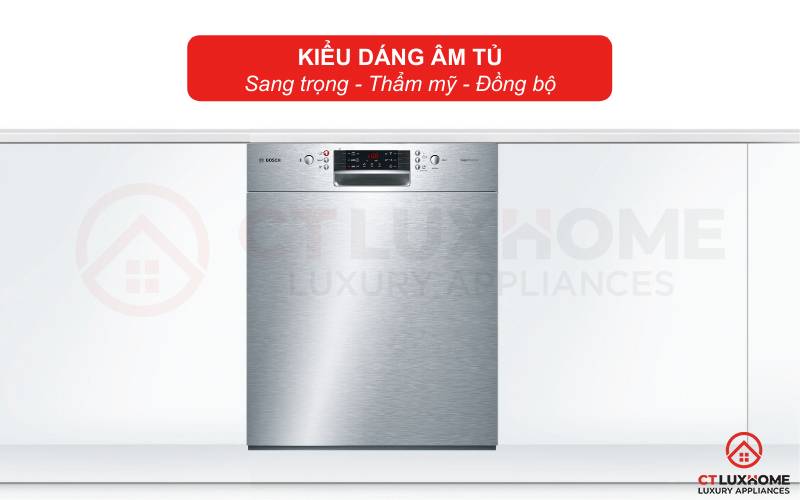 Kiểu dáng bán âm của máy rửa bát Bosch SMU46GS01E mang đến sự sang trọng, thẩm mỹ cho gian bếp