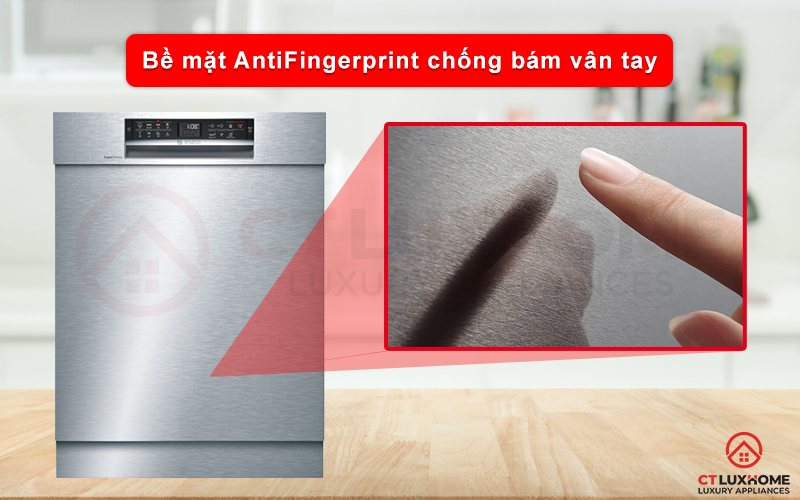 Chất liệu chống bám vân tay AntiFingerprint được phủ trên bề mặt máy rửa bát Bosch SMU68TS02E.