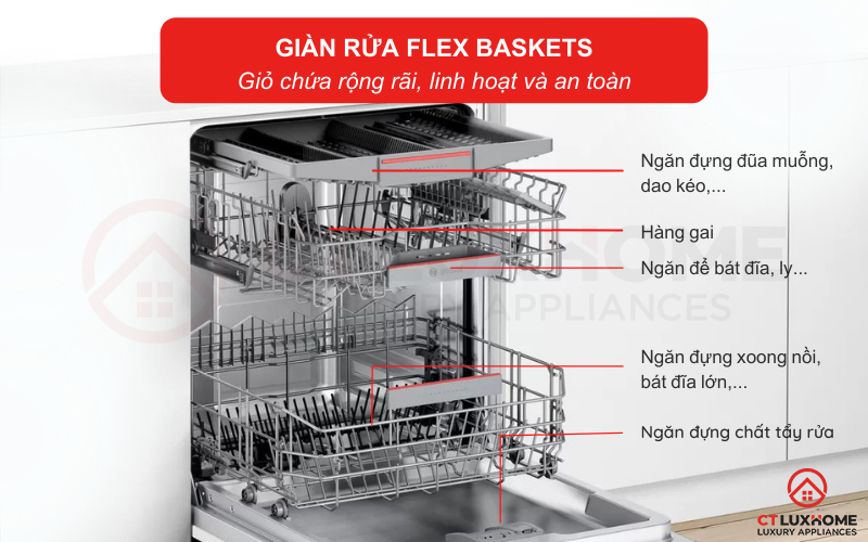 Hệ thống giàn rửa Flex Baskets rộng rãi và ổn định, thuận tiện xếp bát đĩa vào máy