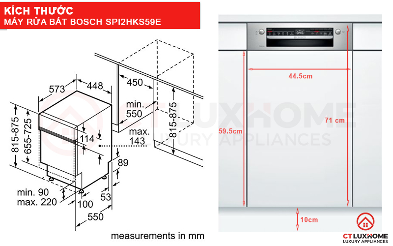 Kích thước nhỏ gọn của máy rửa bát Bosch SPI2HKS59E phù hợp với các không gian cần tối ưu diện tích