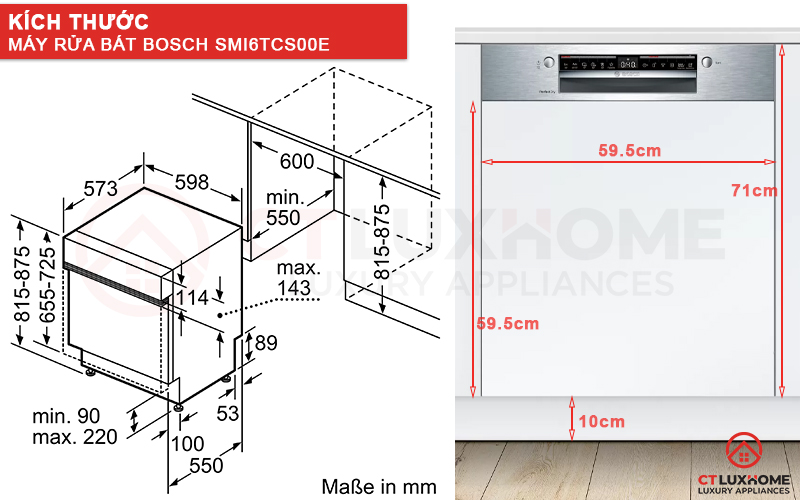 Kích thước máy rửa bát bán âm Bosch SMI6TCS00E Serie 6