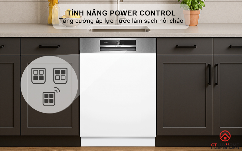 Cánh tay phun Flex Spray thế hệ mới với chức năng Power Control trên máy rửa bát Bosch.