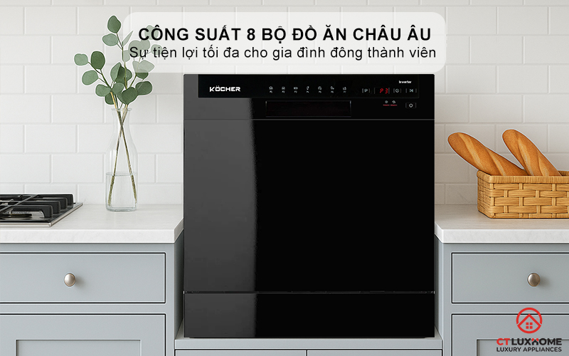 Dung tích chứa lớn, công suất rửa 8 bộ đồ ăn Châu Âu