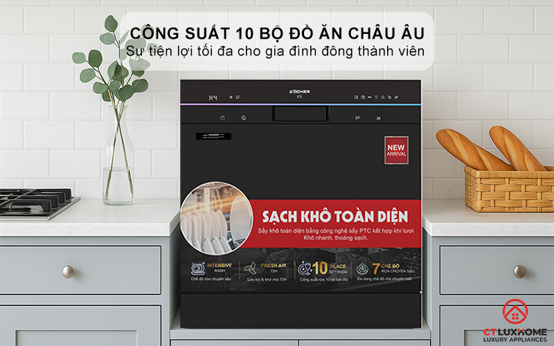 Dung tích chứa lớn, công suất rửa 10 bộ đồ ăn Châu Âu