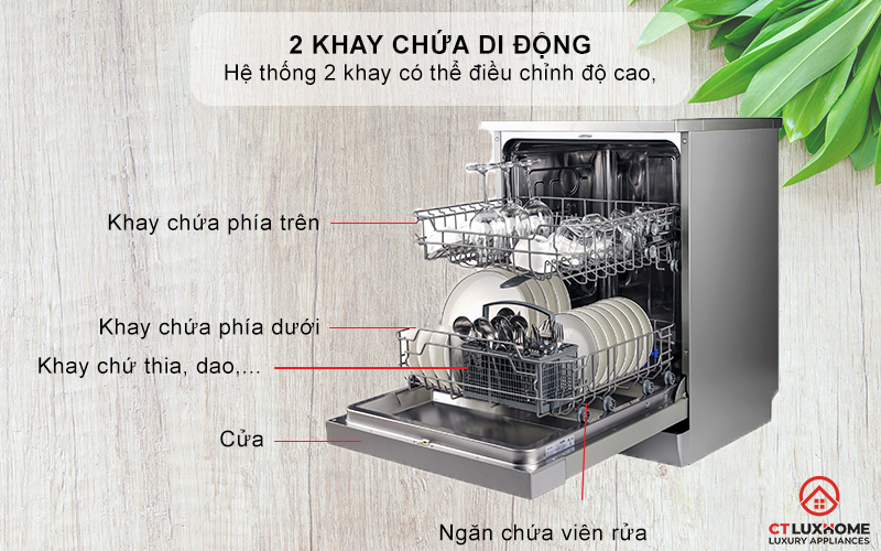 Khoang rửa inox cao cấp, 2 khay chứa di động