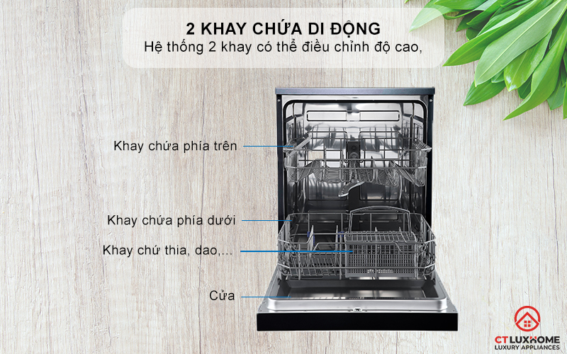 Khoang rửa inox cao cấp, 2 khay chứa di động