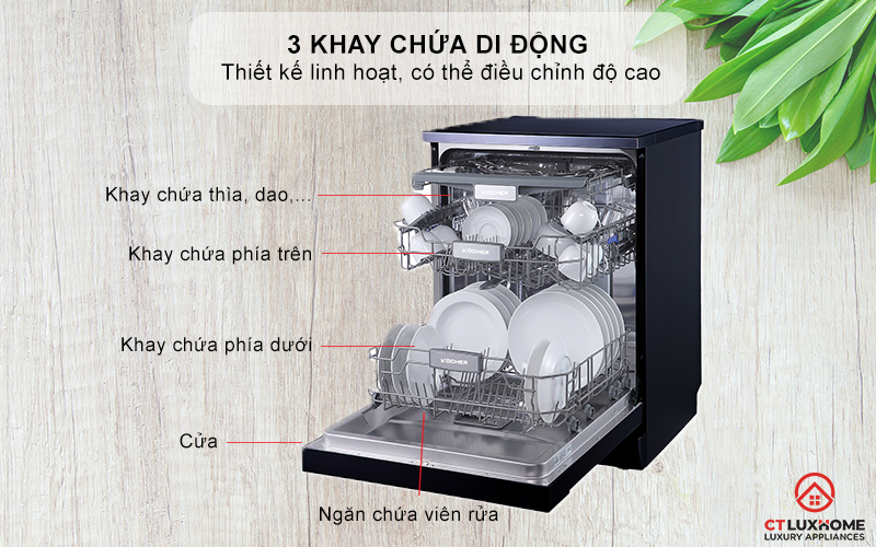 Khoang rửa inox cao cấp, 3 khay chứa di động