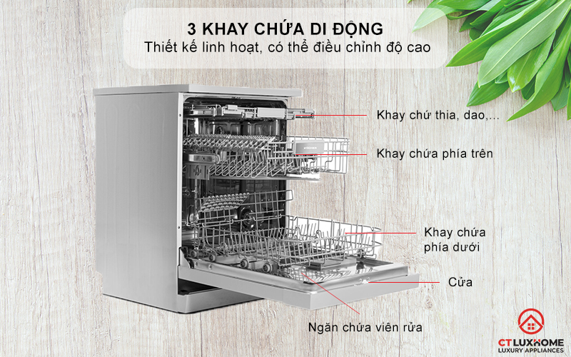 Khoang rửa inox cao cấp, 3 khay chứa di động
